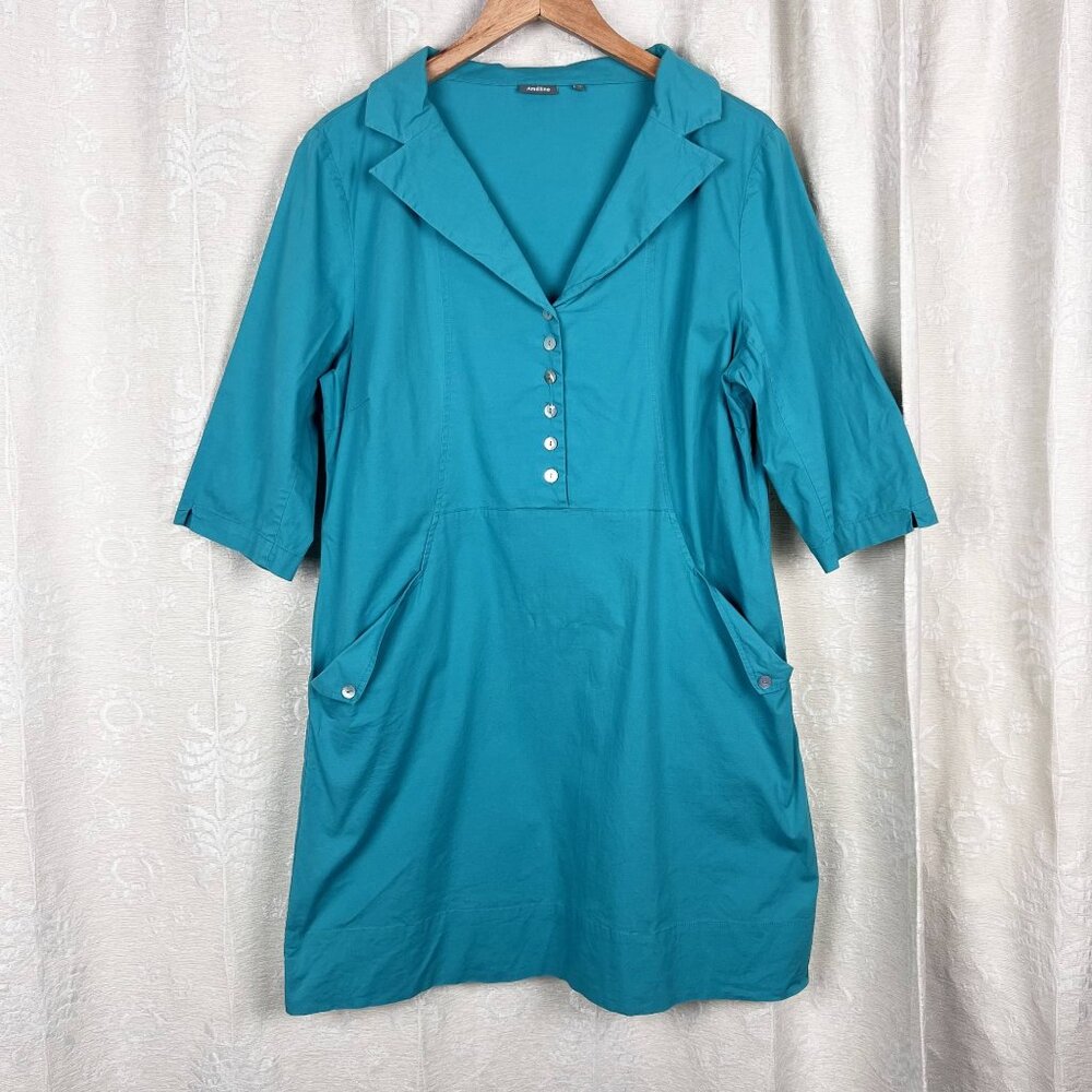 Amelline turquoise A-line tunic blouse stretch cotton capiz buttons lagenlook M